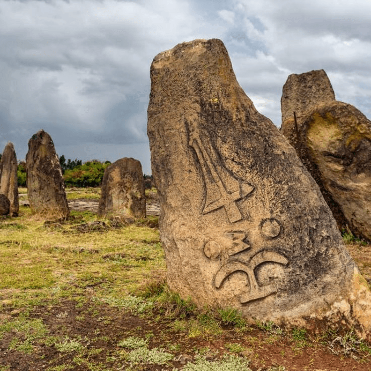 Carved stones marking graves of a culture still unread.